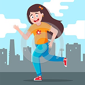 Girl joyfully runs against the backdrop of the city.