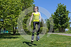 Girl in jumping boots outdoors fitness