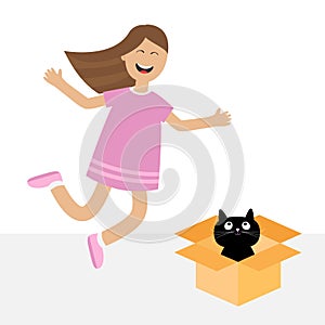 Girl jumping. Gift box with black little cat animal. Happy child jump. Cute cartoon laughing character in dress. Open giftbox.