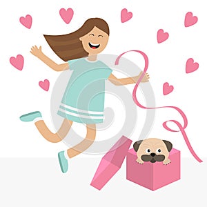 Girl jumping. Gift box with puppy pug dog mops. Happy child jump. Cute cartoon laughing character in blue dress holding ribbon. O