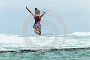 Girl Jumping Holidays Beach Tidal Pool Ocean