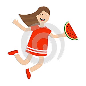 Girl jumping isolated. Happy child jump. Cute cartoon laughing character in red dress holding watermelon slice. Smiling woman.
