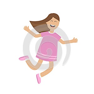 Girl jumping isolated. Happy child jump. Cute cartoon laughing character in violet dress. Smiling woman. White background. Flat de