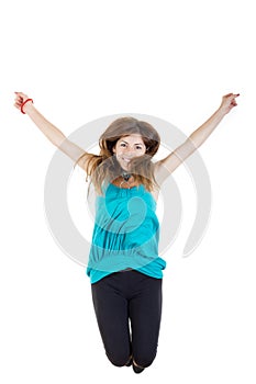 Girl jumping of joy excited isolated on white background