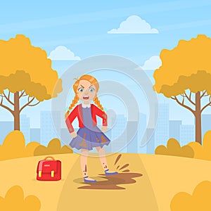 Girl Jumping In Mud Puddle, Kids Aggressive Uncontrollable Behavior Cartoon Vector Illustration