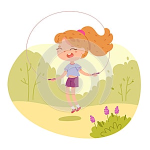 Girl jumping with rope in physical education class outdoor. Child doing active exercise in PE lesson vector illustration