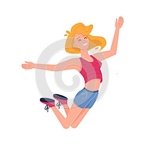 Girl jumping with smile and happiness, hands up