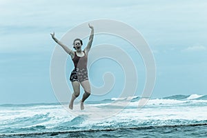 Girl Jumping Tidal Pool Ocean Vintage