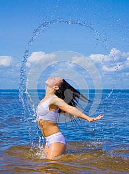 Girl jumping from water