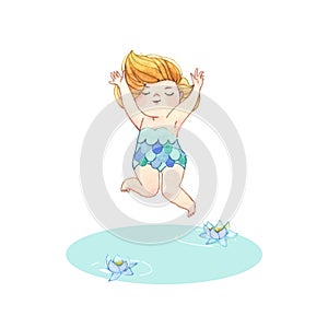 Girl jumping into water. Hand-painted watercolor illustration