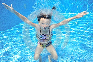 Girl jumps and swims in pool underwater