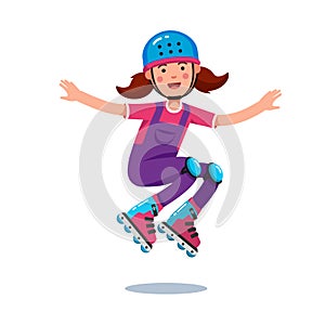 Girl in jumpsuit, helmet jumping on roller blades