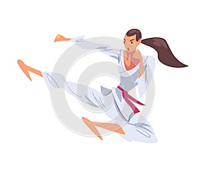 Girl Karateka Jumping Side Kick, Karate Fighter Character in White Kimono Practicing Traditional Japan Martial Art