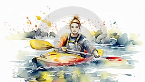 A girl in a kayak amidst splashing water, paddling vigorously