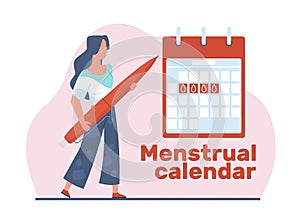 Girl keeps her menstrual calendar. Woman near large table with period marks. PMS and ovulation, menstruation control