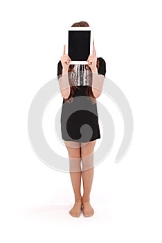 Girl keeps tablet pc in front of face