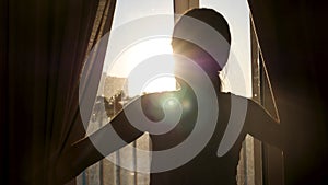 Girl Kid Child Opens Curtains So Morning Sunlight Illuminates Cozy Room At Home