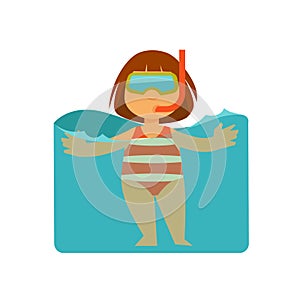 Girl kid or child swimming in sea water, snorkeling in mask