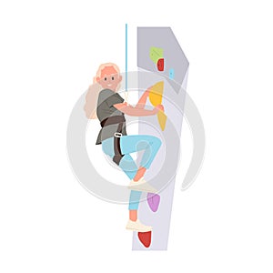 Girl kid climber alpinist cartoon character hanging on rope climbing high on wall at gym playground