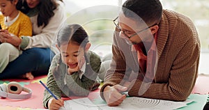 Girl kid, dad and homework on floor, writing or helping hand for for education, teaching and support. Parents, young