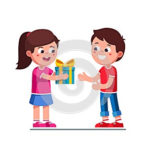 Girl kid giving boy birthday ribbon bow gift box
