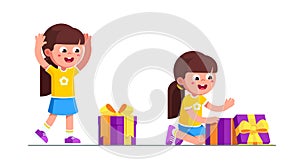 Girl kid happy to found birthday gift box