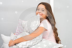 Girl kid hug cute pillow. Cute kids pillows they will love to cuddle. Find decorative pillows and add fun to room. Happy