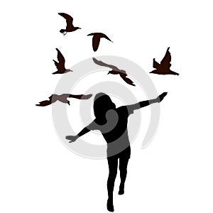 Girl kid  imitate bird flying and birds flying photo