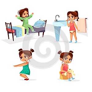 Girl kid morning illustration of cartoon child daily routine activity waking up, washing and physical exercises