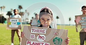 Girl kid, poster and climate change in nature with face, vote or opinion in clean environment protest for future. Global