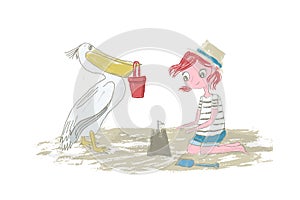 Girl kid with red hair playing on the beach with sand, sandcastle and pelican - Vector illustration hand drawn with pencil texture