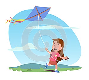 Girl kid running, flying kite toy on green meadow