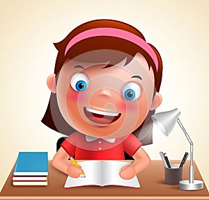 Girl kid vector character happy studying in desk doing school homework