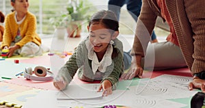 Girl kids, parents and writing homework on floor, tablet or helping hand for for education, teaching and support