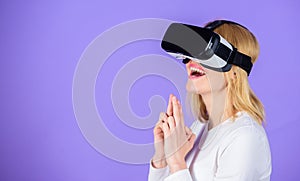 Girl killer technology vr headset play shooter game. Lady with weapon gesture. Enthralling interaction virtual reality