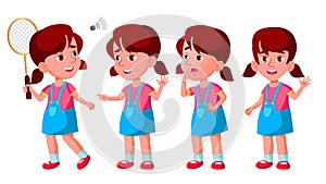 Girl Kindergarten Kid Poses Set Vector. Baby Expression. Preschooler. Life. For Postcard, Announcement, Cover Design