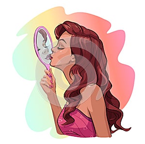 girl kissing mirror reflection art