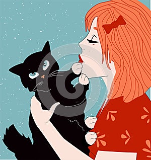 Girl kissing strongly cuddling cat