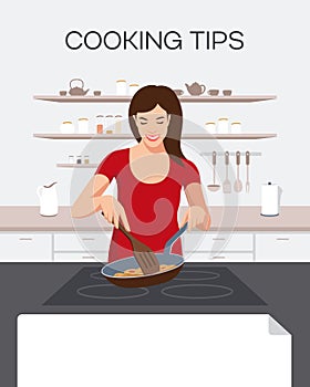 The girl in the kitchen prepares food at the stove with a frying pan in her hands. Banner. Flat design.