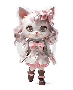 Girl Kitten with a pink bow on her head, dressed in a school uniform, isolated on white background, cute and funny cats concept,