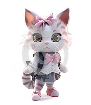 Girl Kitten with a pink bow on her head, dressed in a school uniform, isolated on white background, cute and funny cats concept,