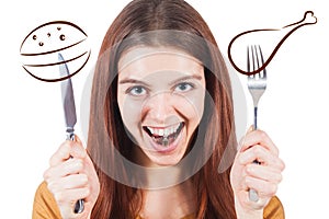 Girl with knife and fork and weight in her mouth