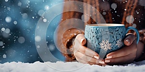 girl in a knitted sweater holds a cup in her hands, snowy winter background, Generative AI