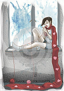 Girl and knitting. Colorful illustration. drawn illustration. February. Winter.