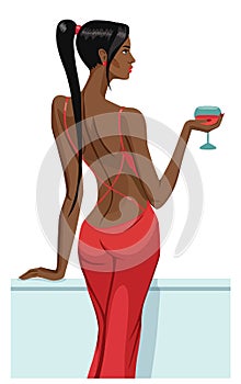 Girl lady black hair standing back on the balcony with a glass of champagne wine isolated vector