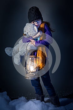 Girl with lantern and bear. Looking for NORTH POLE
