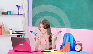 Girl laptop computer. Little child using notebook. Digital technology. Surfing internet. Study programming web design