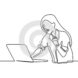 Girl with laptop continuous line drawing one hand drawn of woman doing work on notebook