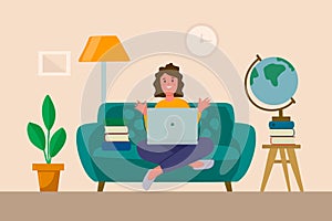 A girl with a laptop on the couch. Concept of home office, apartment interior. Freelance, study, work at home, Remote work, home
