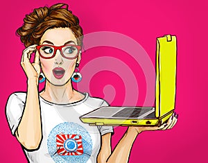 Girl with laptop in the hand in comic style. Woman with notebook.Girl in glasses. Hipster girl. Digital advertisement.